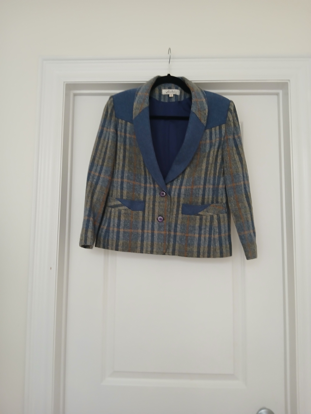 Blue Plaid Women's Wool Blend Blazer Jacket